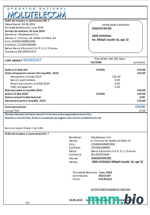 Mołdawia Moldtelecom rachunek za usługi komunalne szablon w formacie Word i PDF, w pełni edytowalne